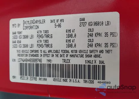 2006 Dodge Dakota Slt z USA, uszkodzony, nr VIN 1D7HW48N46S689746